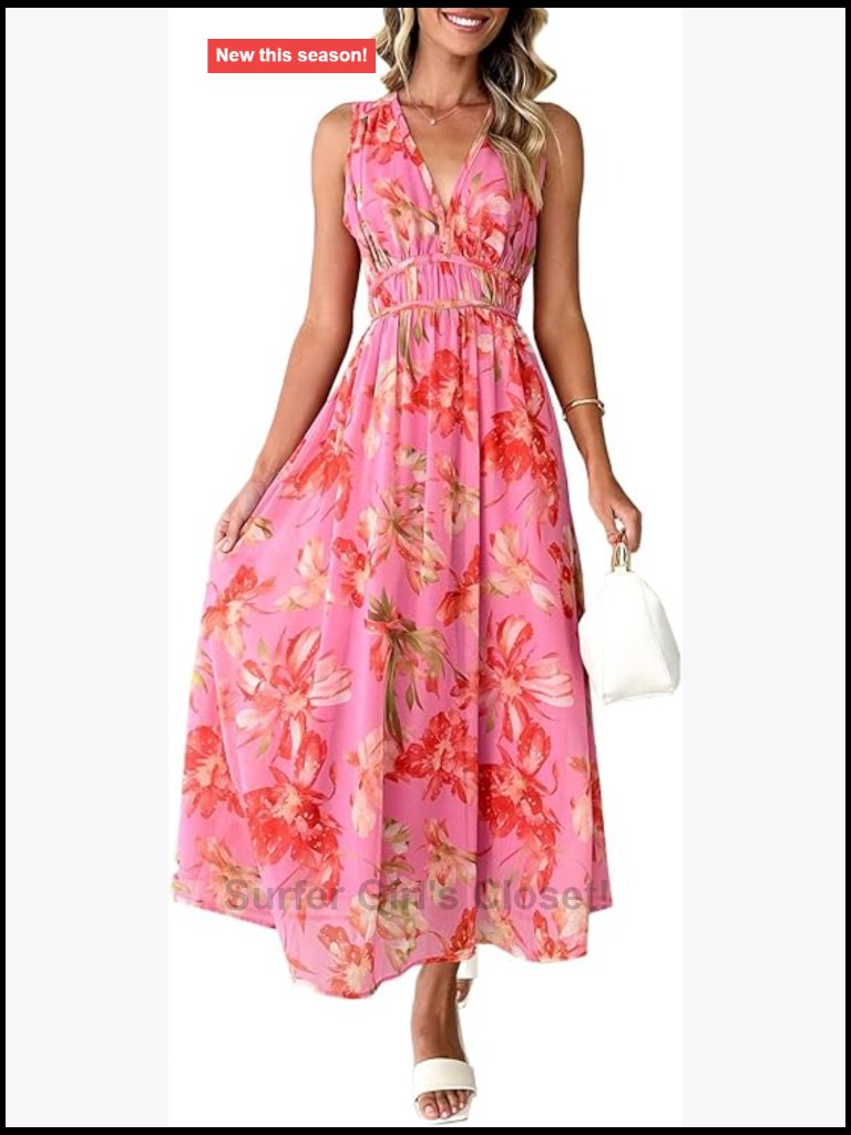 Sleeveless Floral Maxi Dress V-Neck A-Line High Waist Wedding Guest